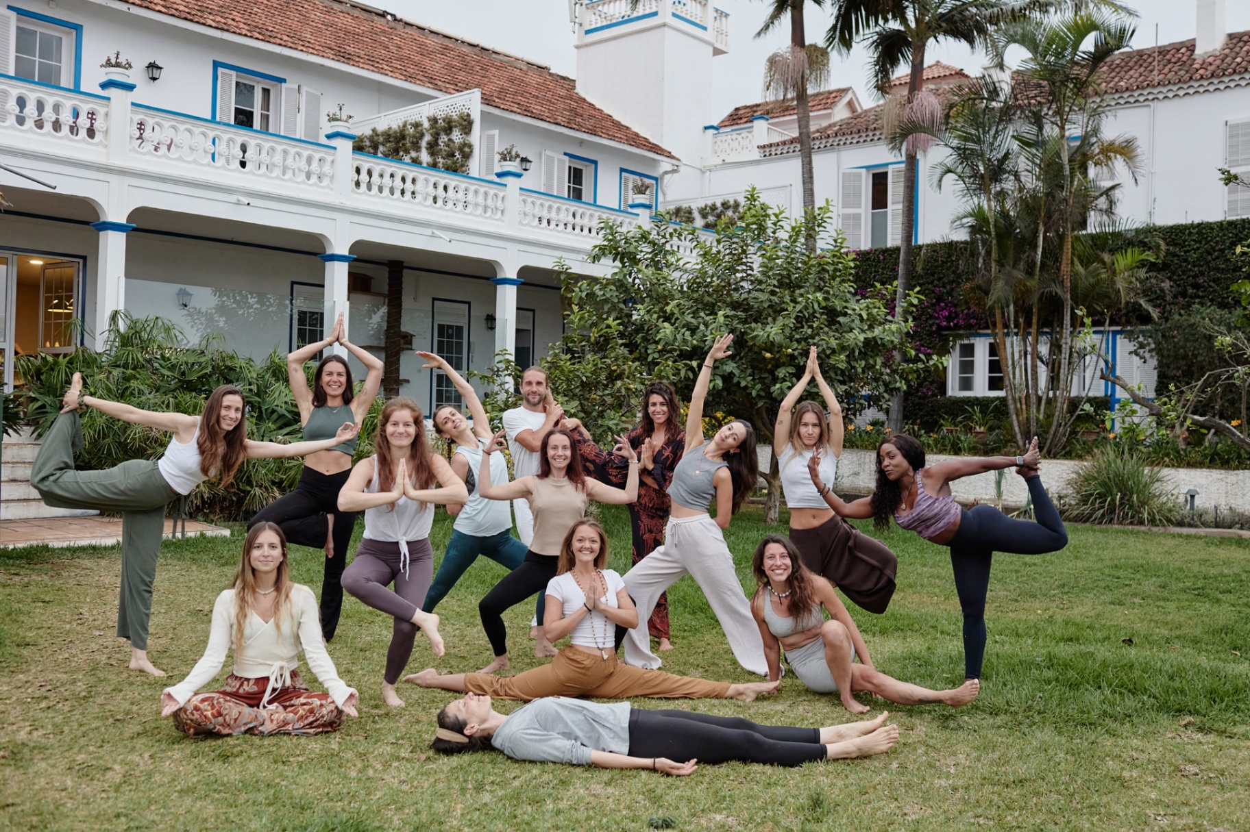 Group yoga poses on the lawn